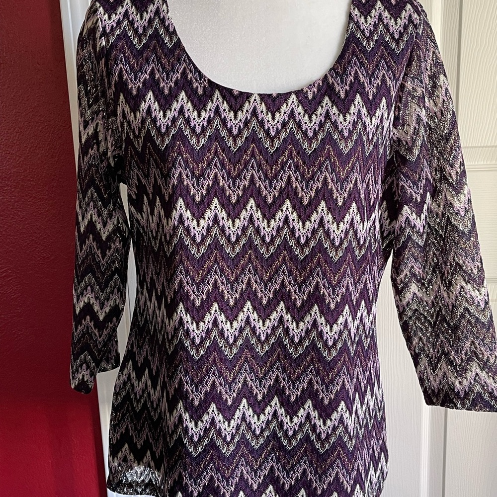 Roz & Ali Purple and White 3/4 Sleeve Blouse